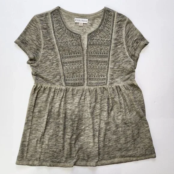 Knox Rose Embroidered Babydoll Top Women M Beaded‎ Garment Dyed Green - Picture 4 of 11
